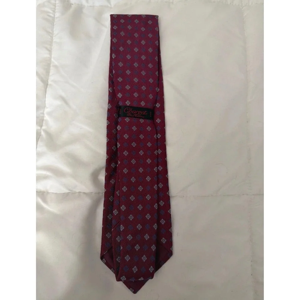 Charvet Place Vendome Mens Silk Tie Burgundy Blue Geometric Diamond Pattern